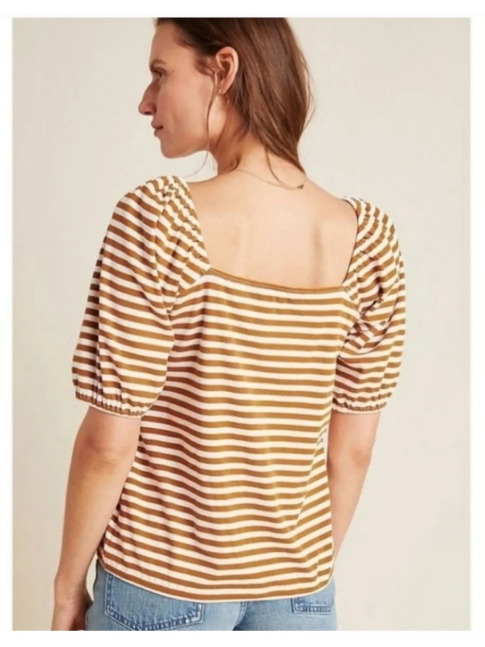 Anthropologie Porridge Striped Square Neckline Puff Sleeves Blouse Top Small